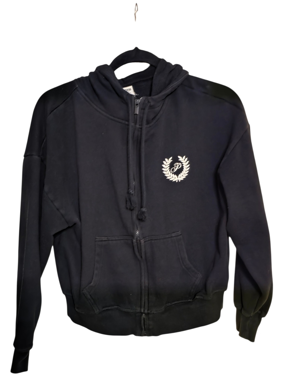 Victoria's Secret PINK Black Full-Zip Hoodie - Size XS - Wreath Logo